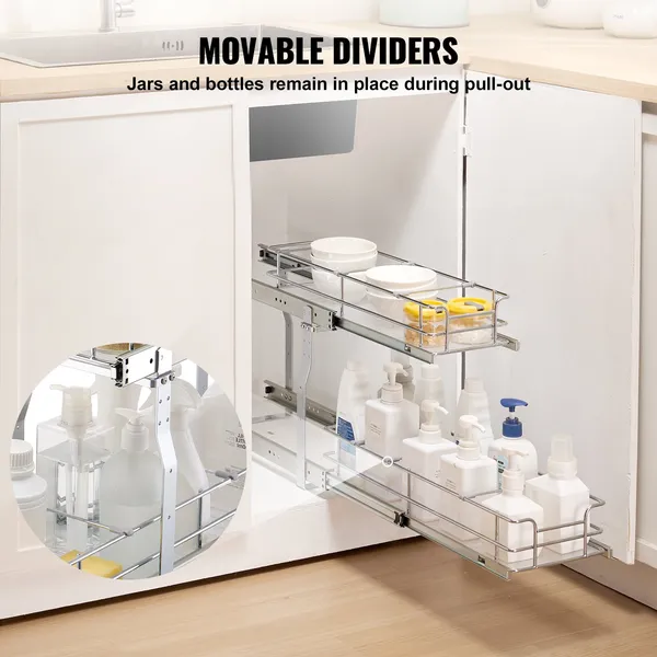 Heavy Duty Pull Out Cabinet Organizer 8.5Wx21Dx15H Steel Roll Out Drawers Sliding Pantry Shelves Under Sink Storage 10Wx22Dx18H Install Size
