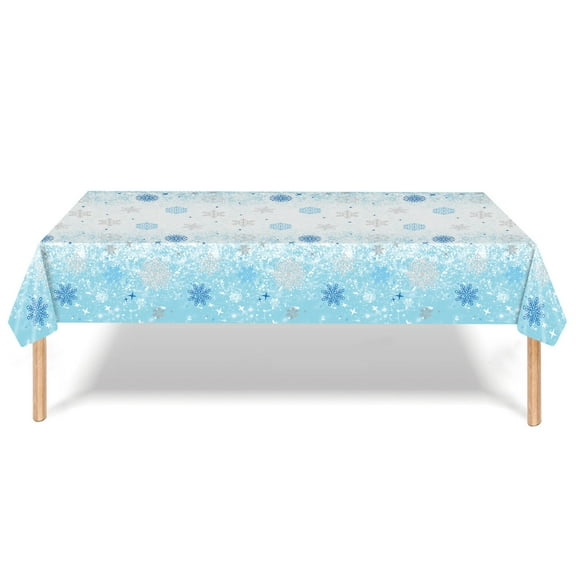Hiroekza Snowflake Christmas Party Tablecloth 108 Inch Long - Disposable Plastic Table Centerpiece Decorations for Dinning, Birthdays, Party - Wrinkle-Free Rectangle Waterproof Table Cover Light Blue