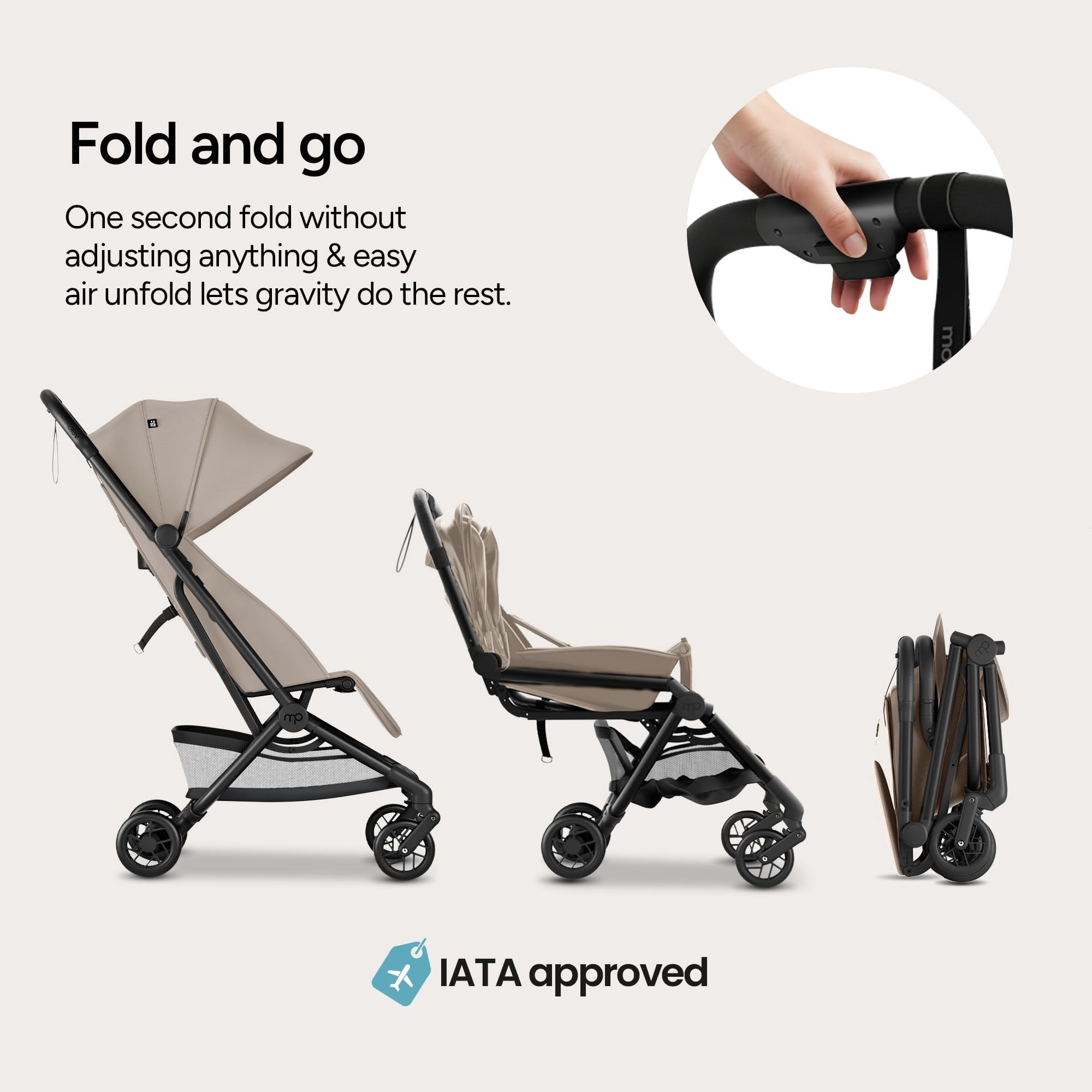 Mompush Velo Lightweight Travel Stroller with Lie-Flat Recline Seat, Airplane Friendly, Khaki, 18.8 LB, Unisex