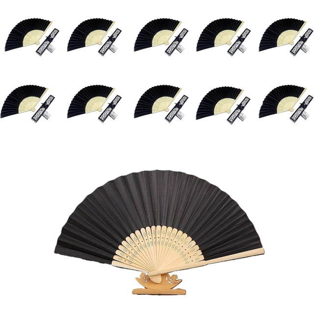 10pcs Abnico Boda Fiesta Evento Recuerdo Negro Admirador,Decoraciones Interior,Regalos,Abanico Plegable Mano Tela Regalo Recuerdo para Invitados Boda Fiesta o Baile Arte Madera con Caja Papel