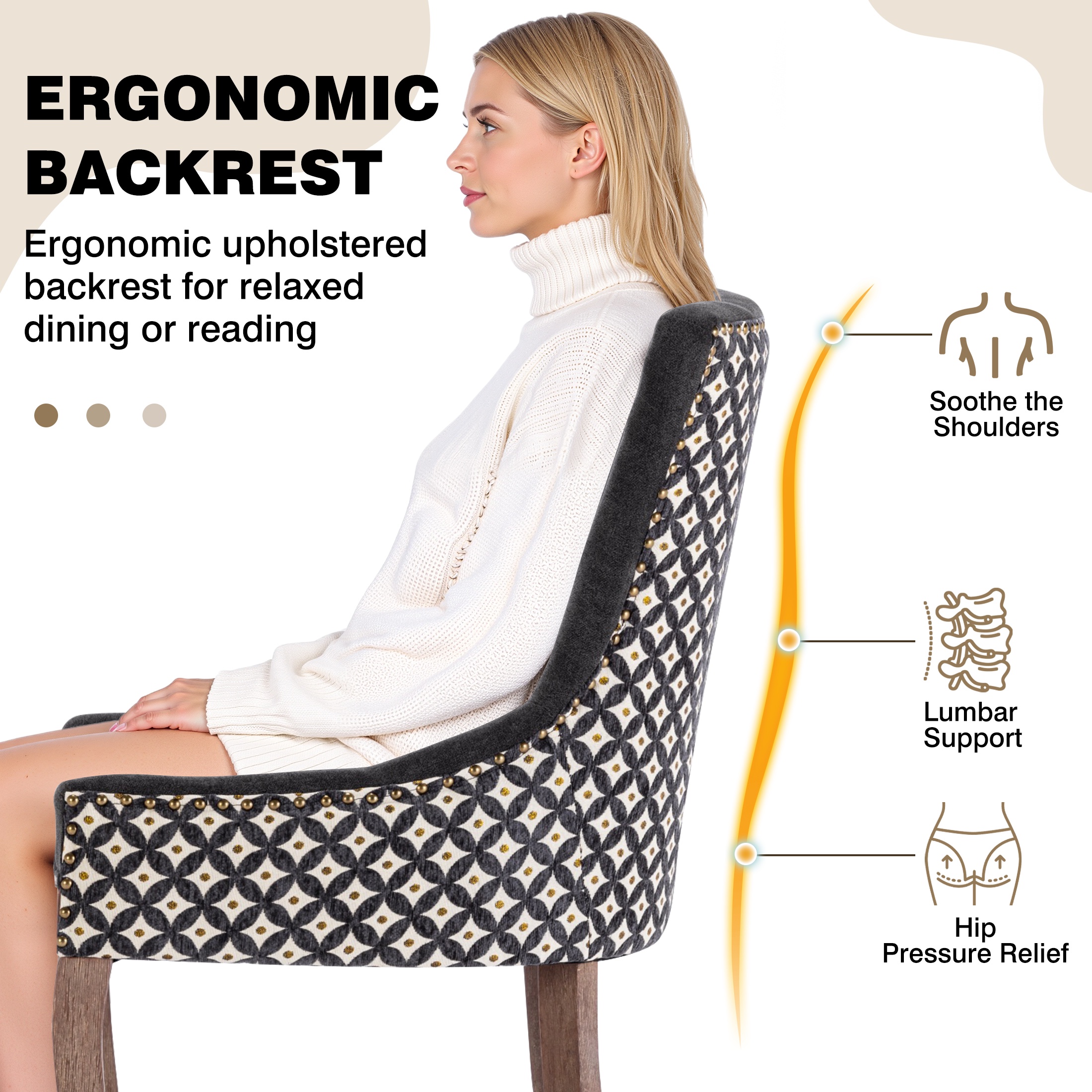 Dining Chairs Set of 2, LEGAHOME Black Fabric Upholstered Dining Chairs, Mid-century Kitchen Chairs with High Back, Bronze Nail Head, Solid Wood Legs, Black, 2 Pcs