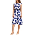 thumbnail image 4 of INSPIRE CHIC Vestido Midi Vintage de los 50 para Mujer con Cuello Barco, Mangas Cortas y Cinturón, Floral, Blanco y Azul, 4 of 6