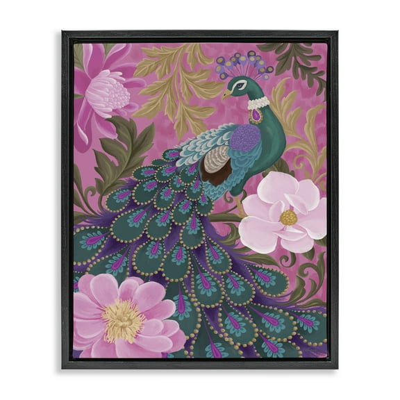 Stupell Industries Peacock & Pink Blossoms Animals & Insects Painting Black Floater Framed Canvas Art Print Wall Art, 17 x 21