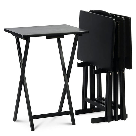 Open Box PJ Wood Folding TV Tray Tables with Storage Rack, Black, 5 Piece Set