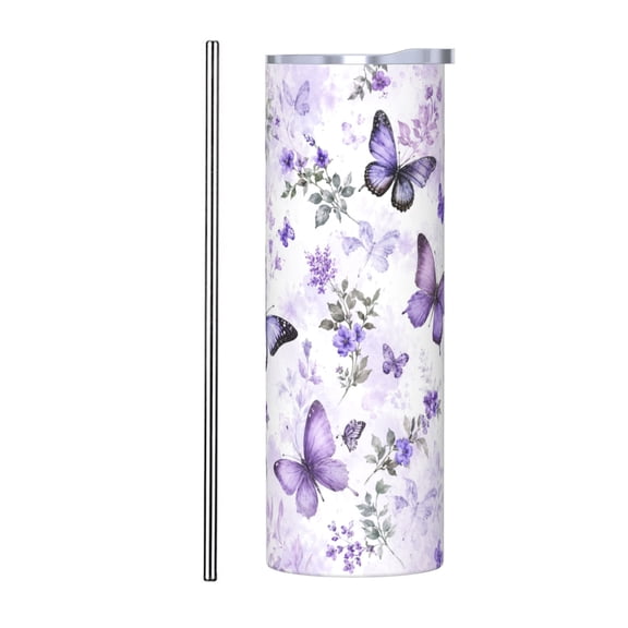 20oz Purple Butterfly Floral Tumbler with Handle and Straw Insulated Insulated Car Cup Gift for Women with Stainless Steel Straw