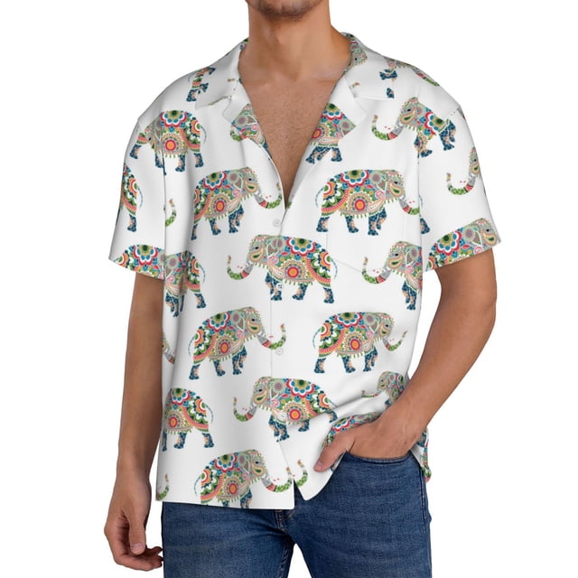 Fotbe Indian Elephant Camisa Estampada de Manga Corta para Hombre, Casual de Verano, Estilo Playero, Sin Arrugas-Small