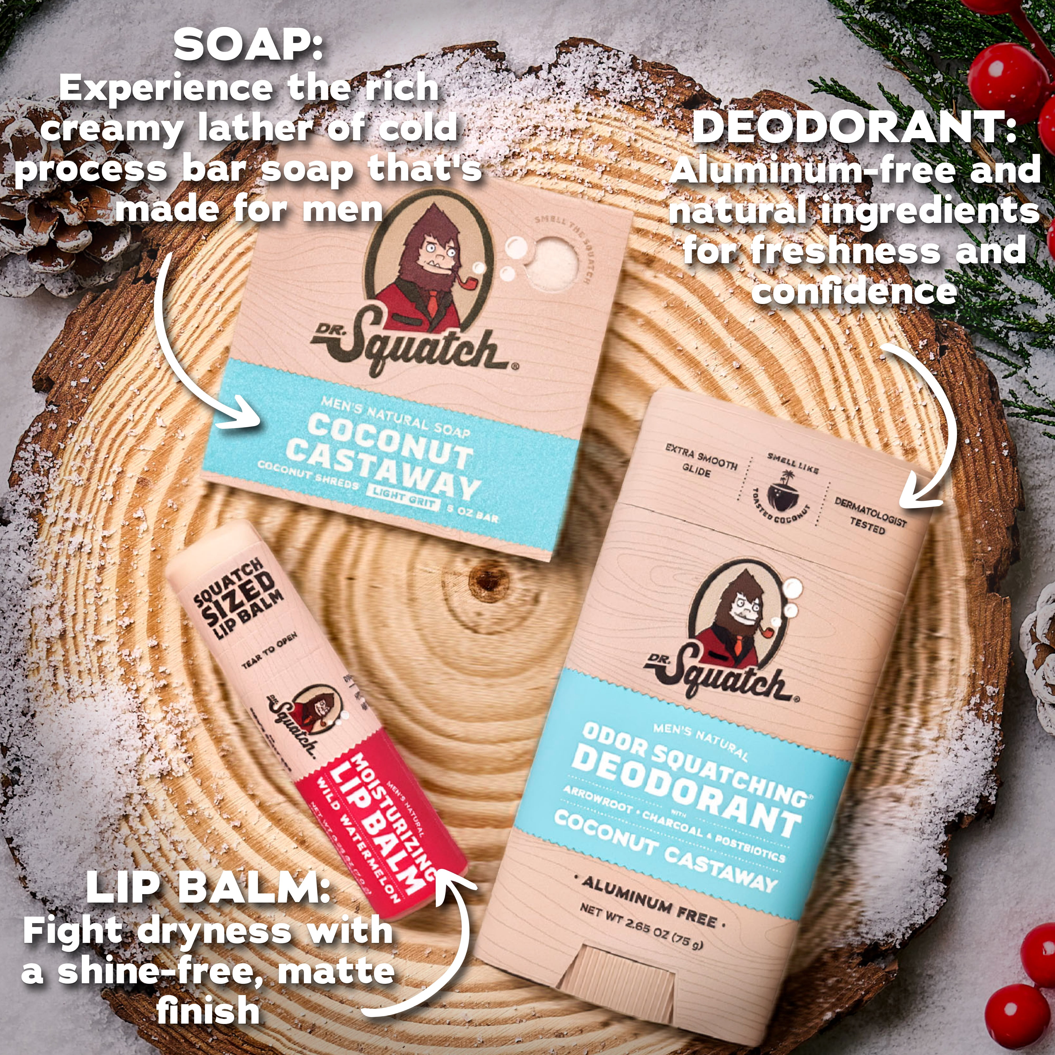 Dr. Squatch Holiday Gifts for Men – Natural Bar Soap, Aluminum Free Deodorant & Lip Balm – Coconut Castaway + Wild Watermelon (3-Pack)