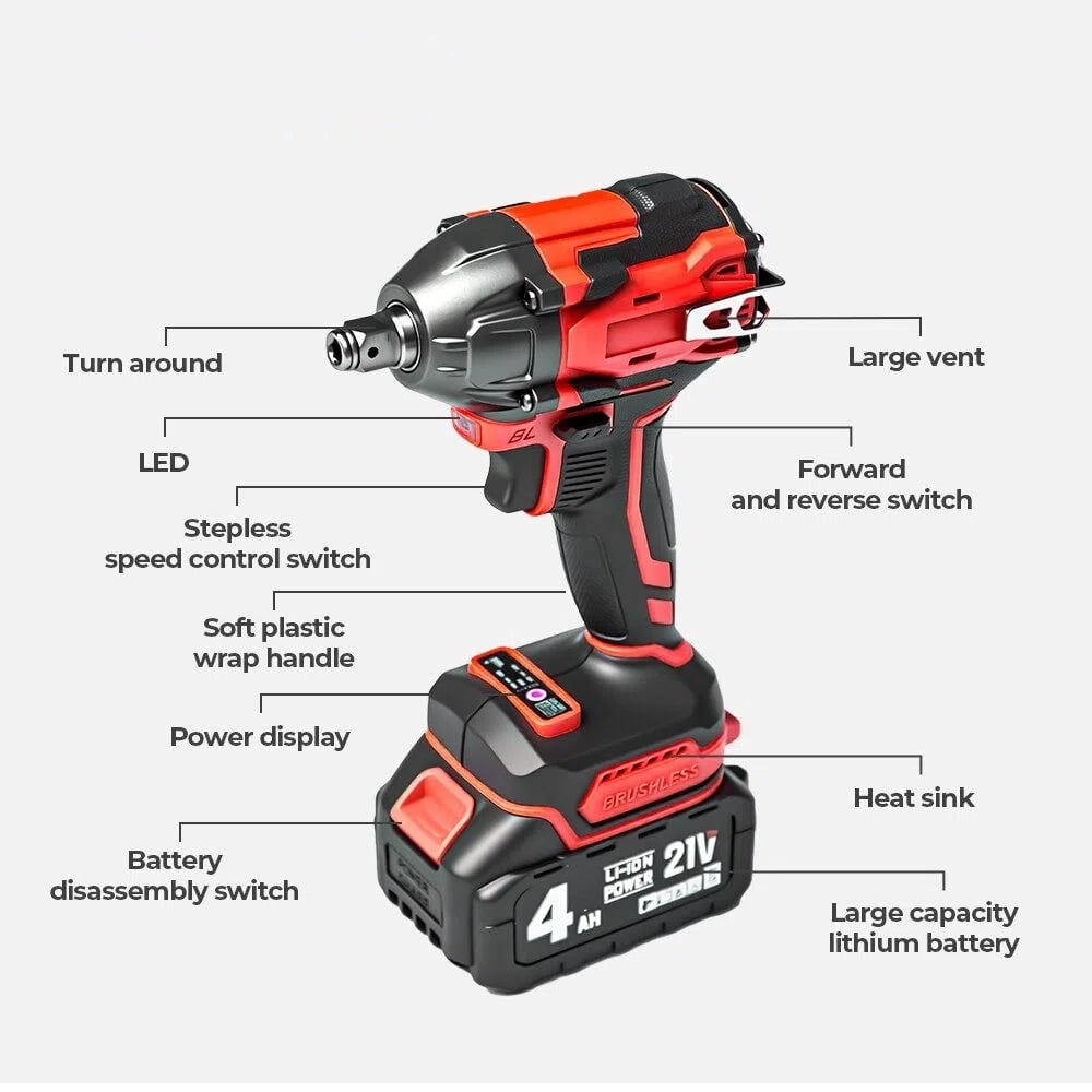 Electric Impact Wrench 1000Nm High Torque Impact Gun 1/2" Cordless Impact Wrench