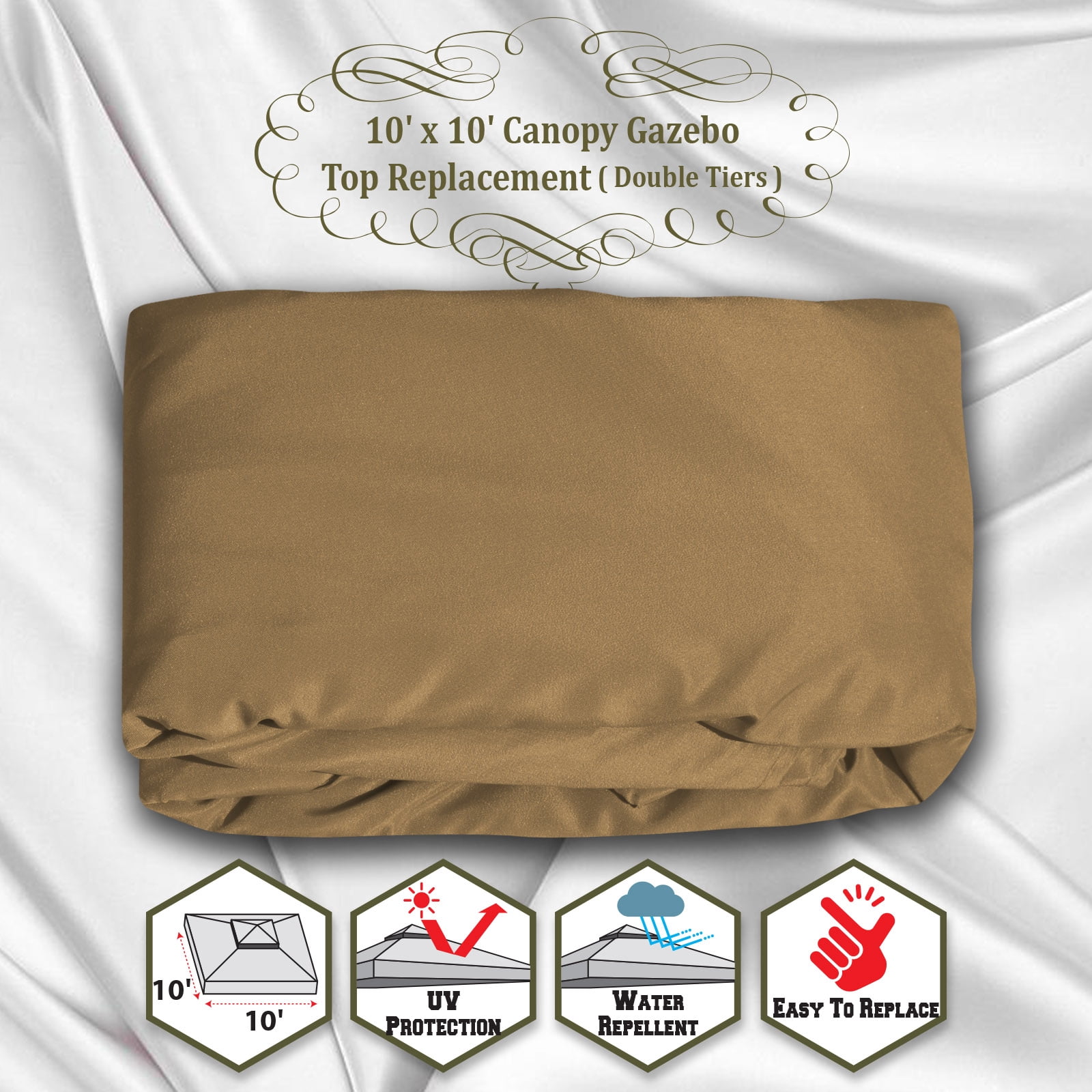 SUNNY 10x10 FT Gazebo Replacement Canopy Top Double Tier Canopy Top Cover (Tan)