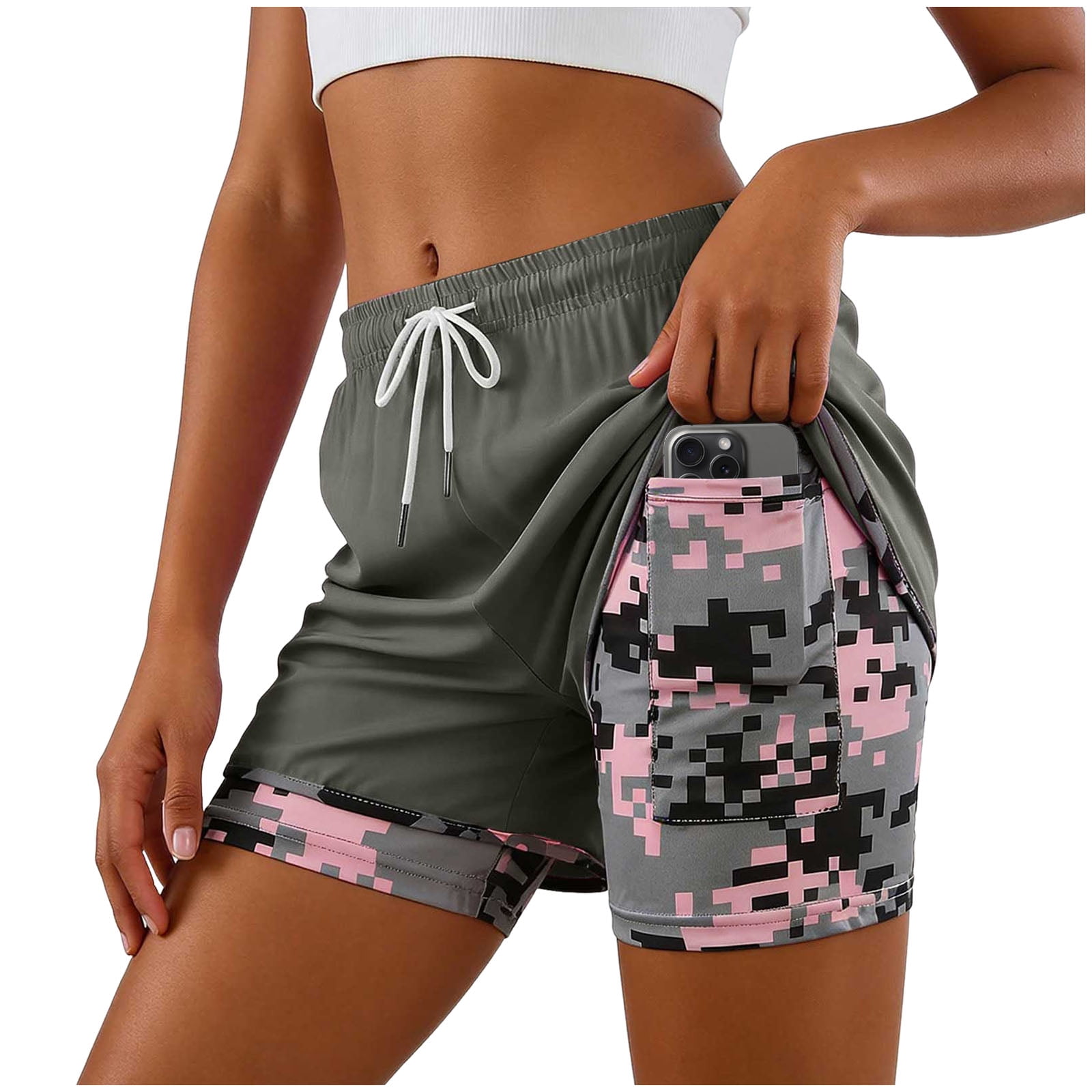 COMVALUE Womens Swim Trunks with Compression Liner Quick Dry 7 Inch Bathing Suit Beach Short with Zipper Pockets (Army Green, XS)