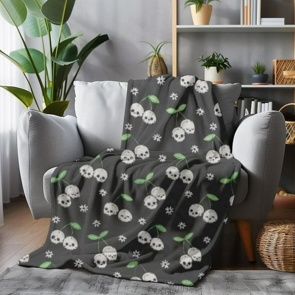 Plush Blanket Cherry Skulls Halloween Throw Gothic Summerween Decor Soft Fleece Bedspread Cozy Couch Cover Spooky Cute Home Accent
