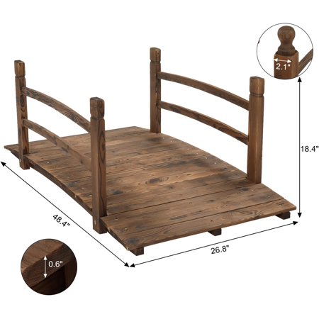 4 ft Garden Bridge, Arch Walkway Wooden Bridge with Safety Rails Carbonized Finished, Decorative Landscaping Footbridge for Koi Pond, Dry Creek Bed, Garden Pathway or Rustic Wedding Decor