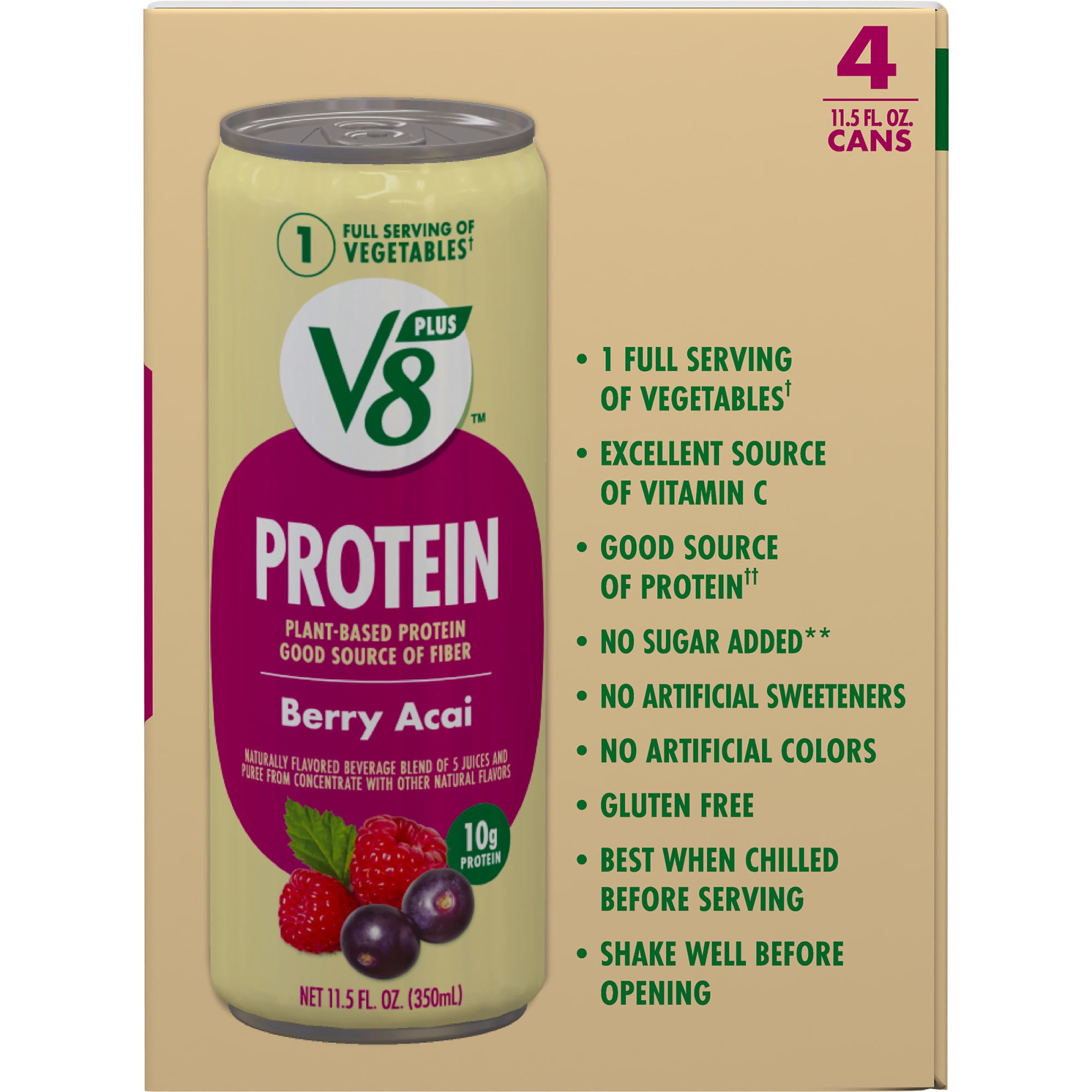 V8 +Protein, Plant-Based Protein Drink, Berry Acai, 11.5 Ounce Can, Pack of 4