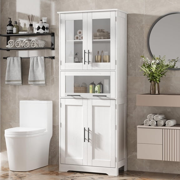 67" Tall Freestanding Bathroom Storage Cabinet with Glass Doors, Drawers & Adjustable Shelves for Kitchen, Pantry & Living Room, White
