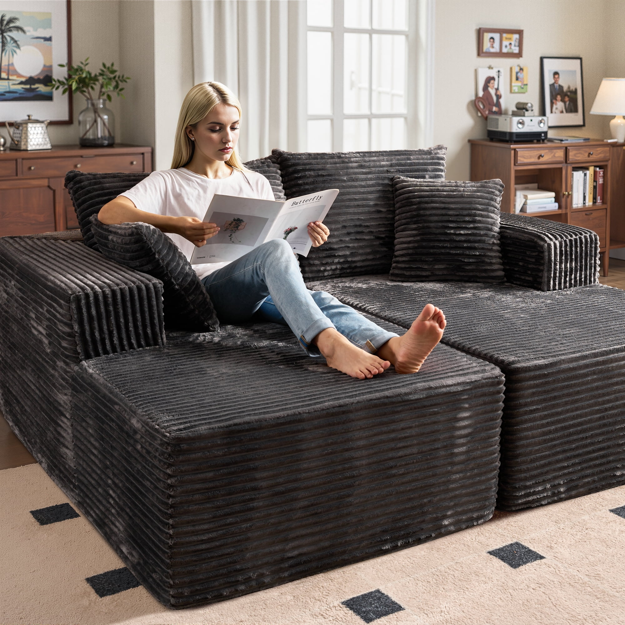 Vcatnet 75" Oversized Modular Sectional Sofa Cloud Couch Plush Corduroy Chaise Lounge Loveseat Sofa Bed Upholstered Sleeper Sofa for Living Room and Bedroom, Gray