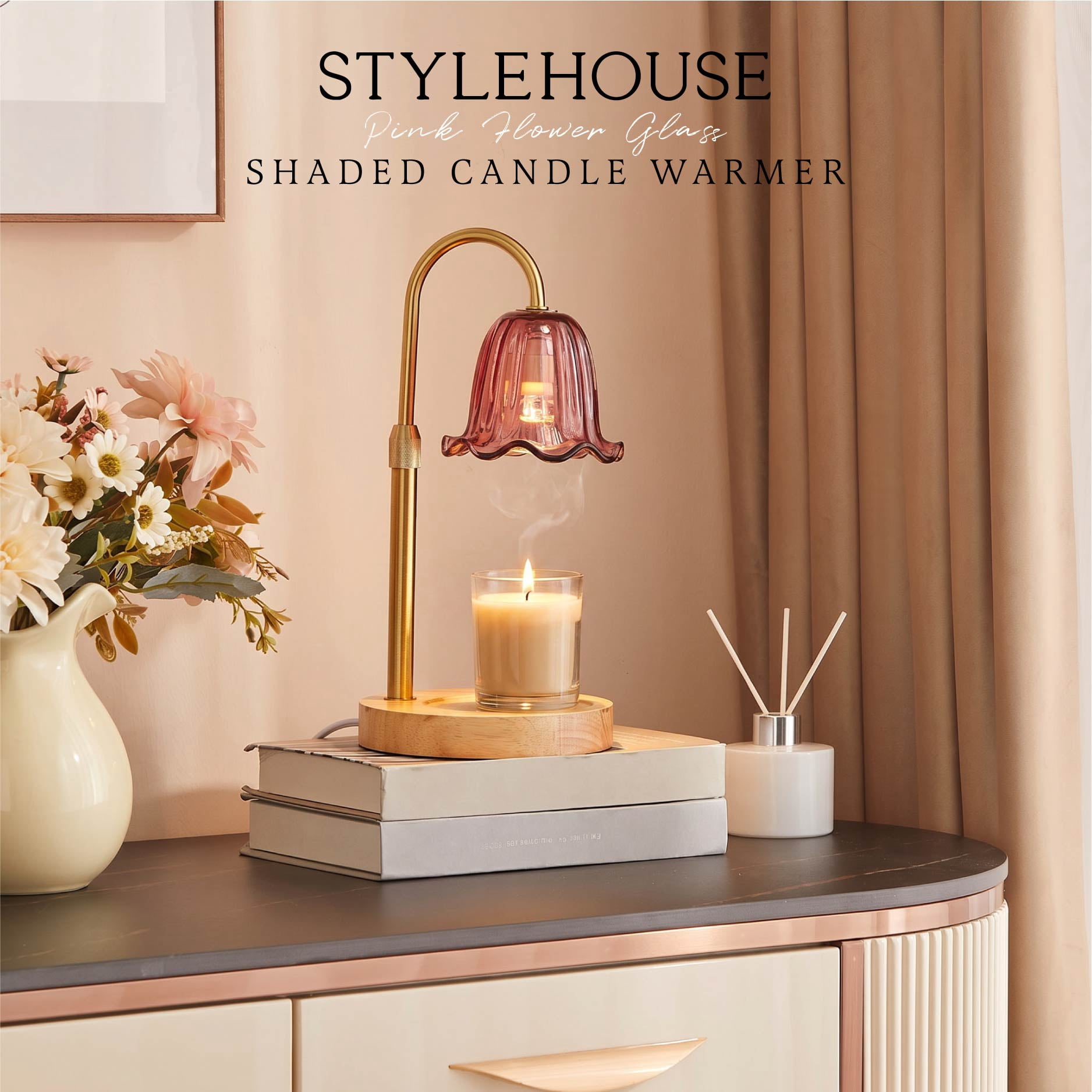 Stylehouse Home Decor Collection Pink Flower Glass Shaded Candle Warmer Lamp with Adjustable Dimmer and Timer