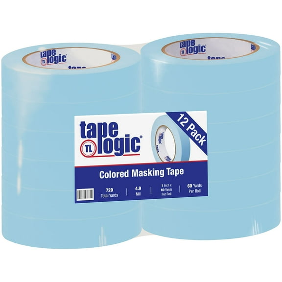 Tape Logic® Color Masking Tape, 3" Core, 1" x 180', Light Blue, Case Of 12