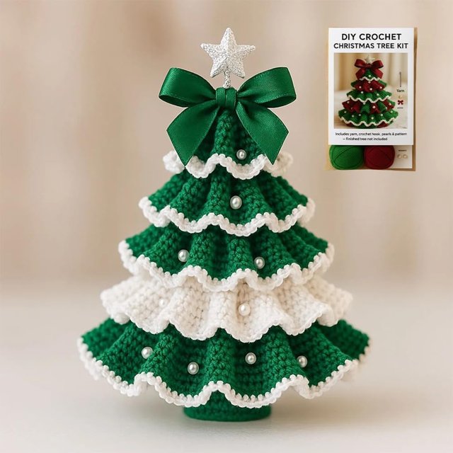 DIY Crochet Christmas Tree Kit,Handmade Crochet Christmas Tree,Tree Bow Pearl Embellishment,Beginner Christmas Crochet Kit,Christmas Craft Kit with Yarn Hook Beads Instruction