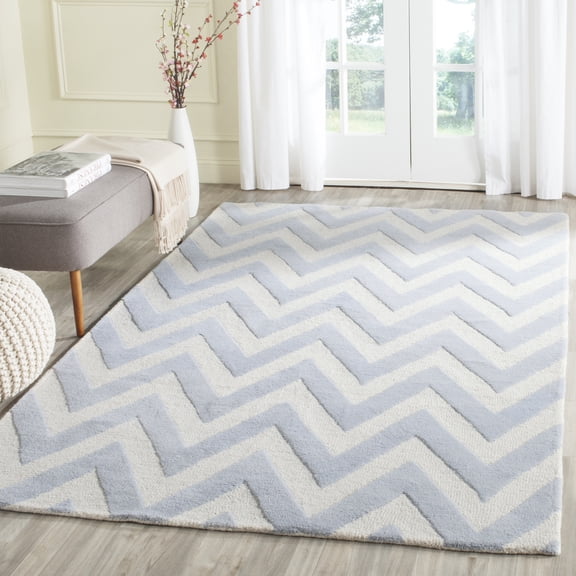 SAFAVIEH Cambridge Kaitlyn Zig Zag Stripes Wool Area Rug, Light Blue/Ivory, 11' x 15'