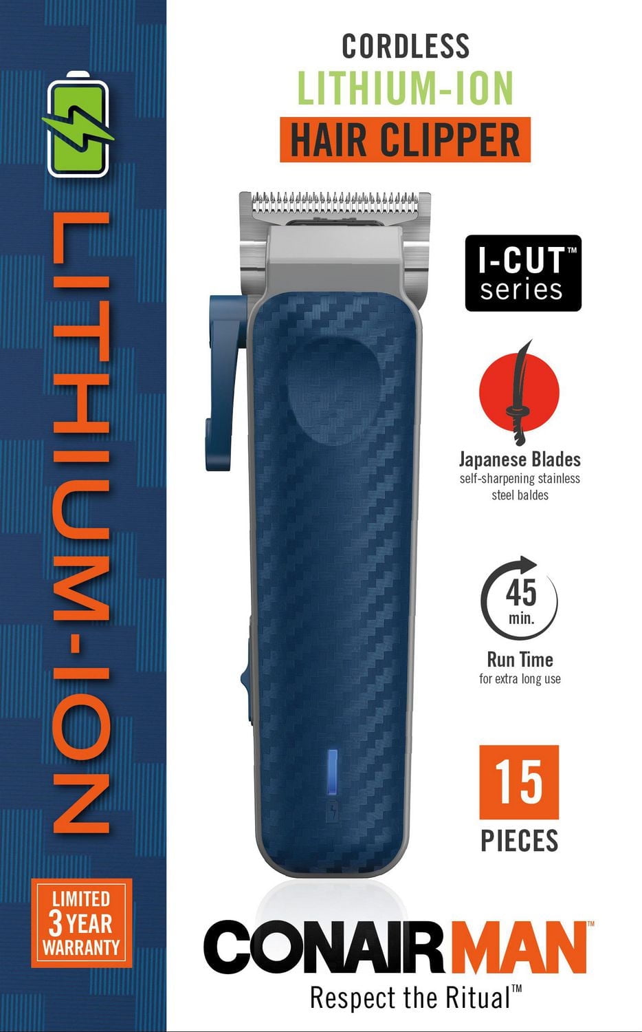 La tondeuse à cheveux au lithium-Ion rechargeable de série I de ConairMAN Trousse de coupe de cheveux