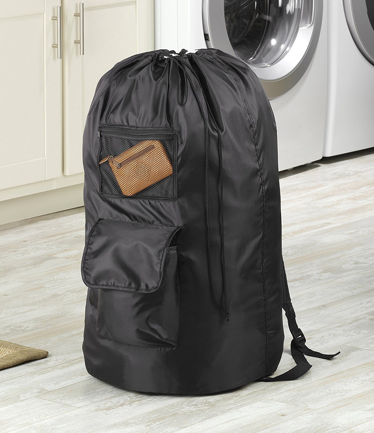 Whitmor Dura-Clean Laundry Backpack with Drawstring, Black
