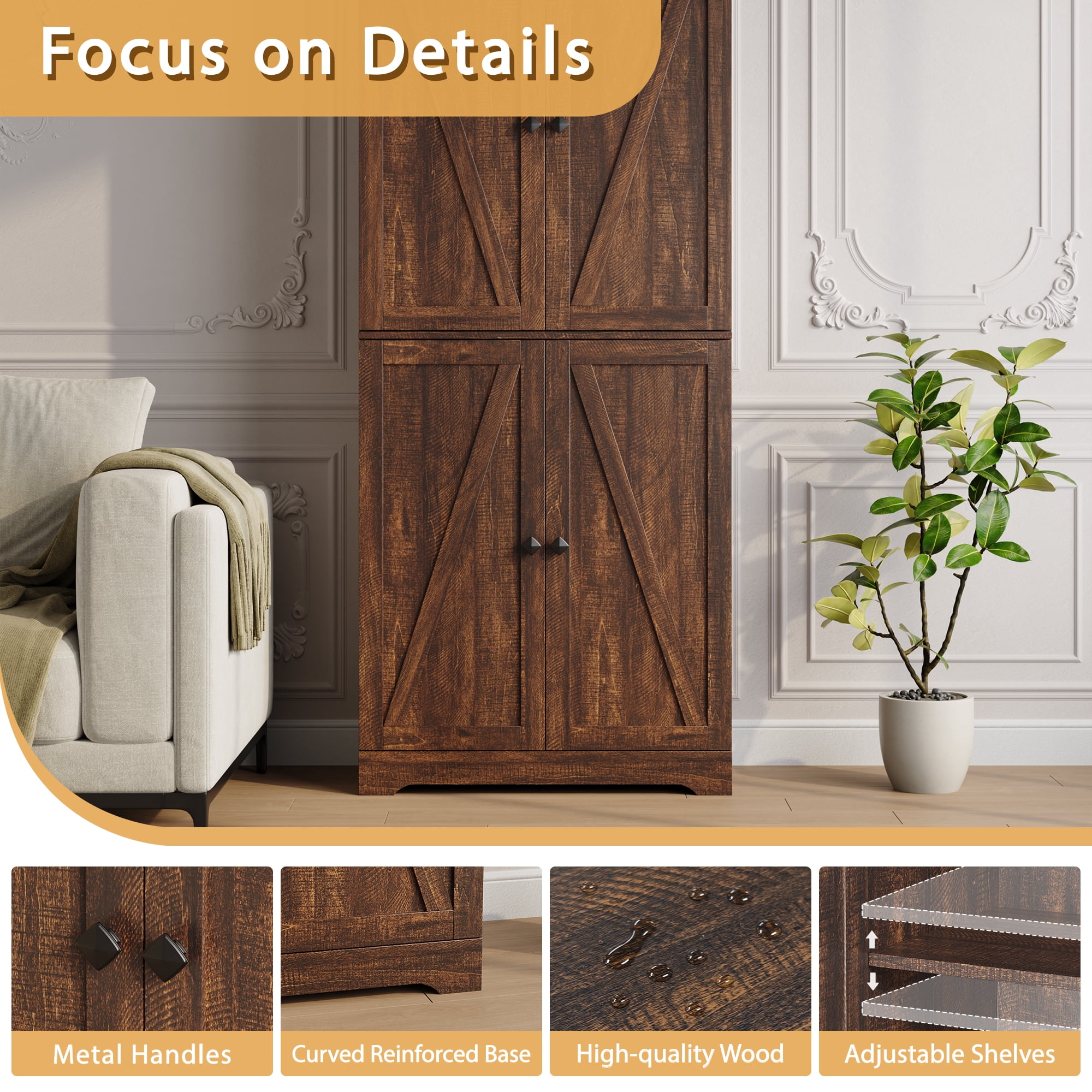 YouTrend 72'' Farmhouse Kitchen Pantry Cabinet with 4 Barn Doors,Storage Cabinet W/ 4 Shelves for Living Room,Kitchen,Bathroom,Brown