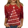 thumbnail image 2 of Christmas Tops for Women Graphic Wine Glass Santa Deer Printed 3/4 Sleeve T-shirts Crew Neck Plus Size Holiday Tees (2XL, Red 01), 2 of 5