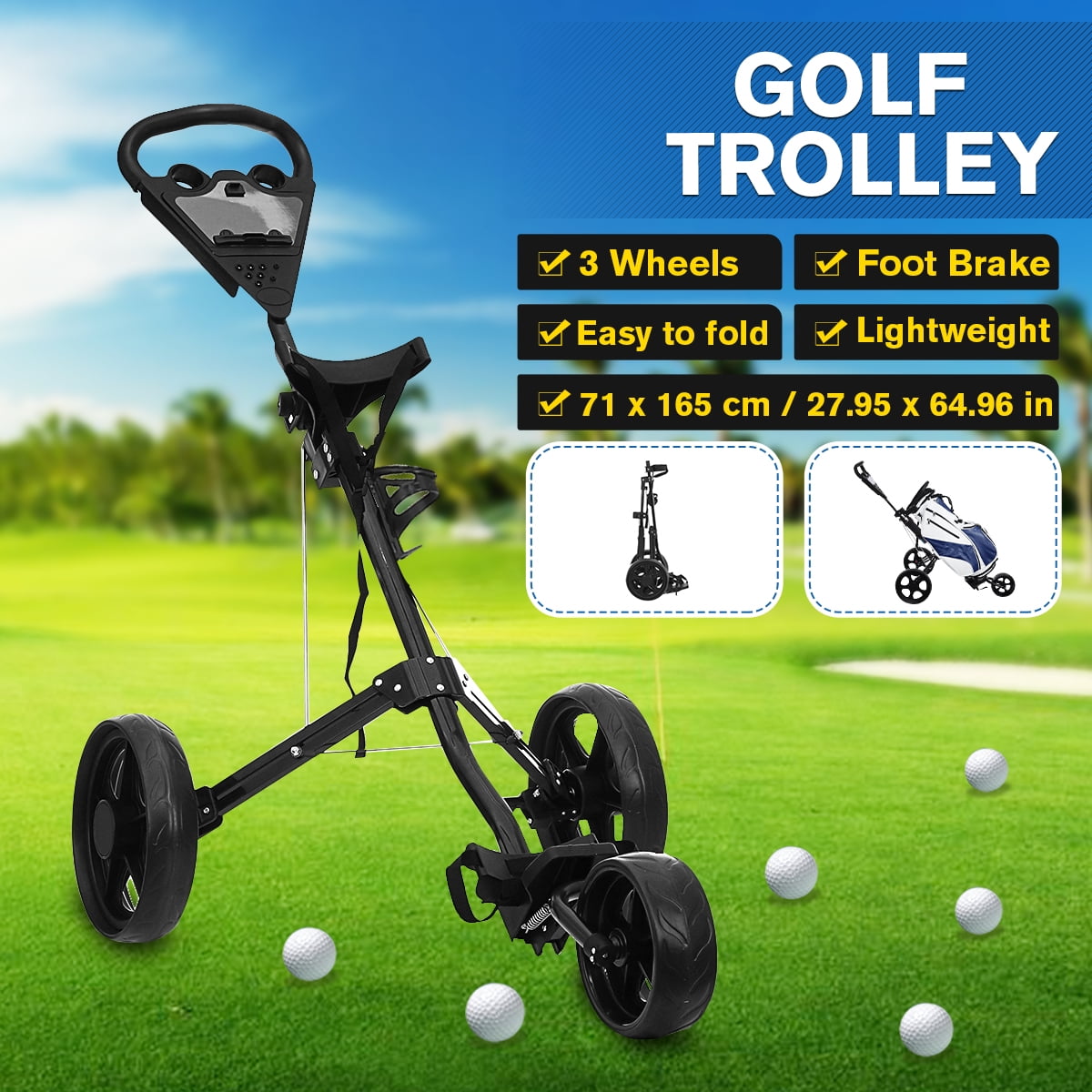 Folding 3 Wheels Golf Push Cart, Pull Carts for Golf Clubs with Foot