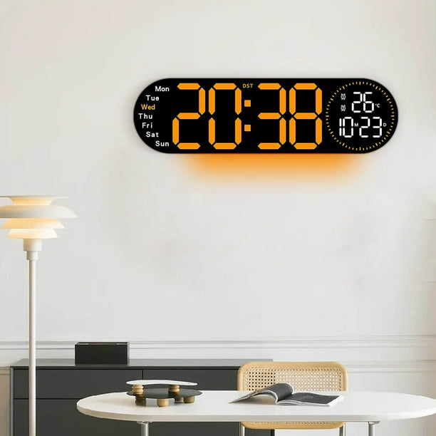 Gran reloj digital de pared, pantalla LED electrónica con fecha, día, temperatura y humedad, luz nocturna moderna con cambio de color y mando a distancia, 42 x 15 x 4 cm para salón