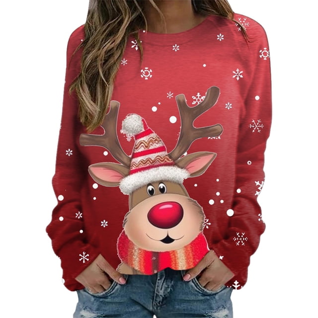 HNMKIU Chandail en Molleton Col Rond Femme Joyeux Noël Imprimé Col Rond Chandail Manches Longues Décontracté