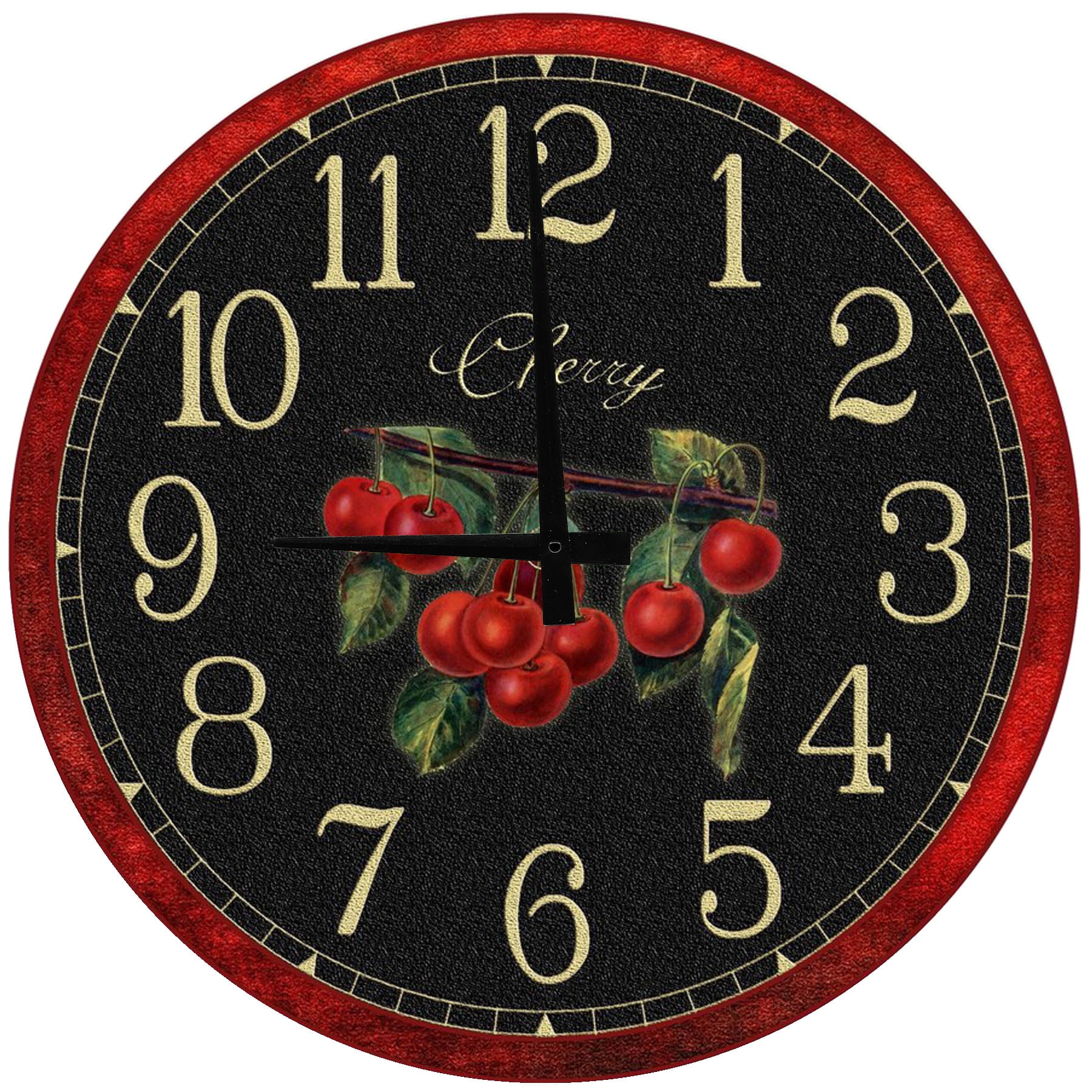 Round Wood Wall Clock Black and Red Cherry Kitchen Large