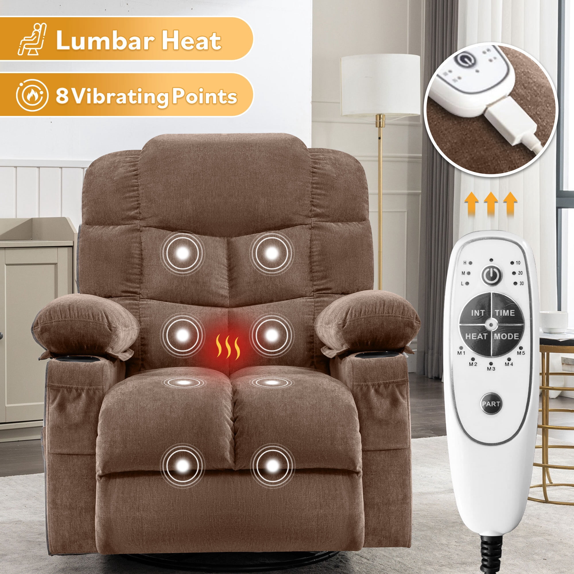 Alvantor Swivel Recliner Chair with Massage & Heat Single Rocker Sofa with Cup Holders for Bedroom Home Theater Brown