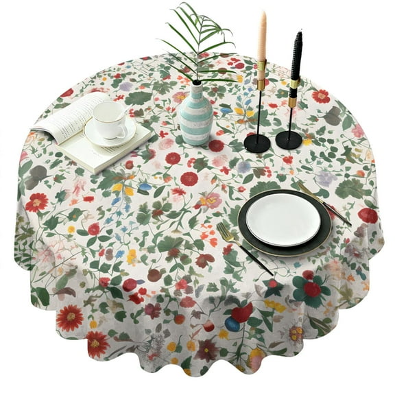 Round Tablecloth Colorful Flowers (2) Table Cloth Waterproof Fabric Oil-Proof Wrinkle Free Soft Table Covers for Dining Kitchen Parties Heavy Weight Tabletop Cover 60x60 Inch