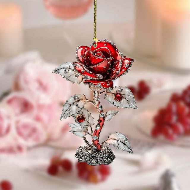 COM1950s Car Interior Accessories,Car Key Chain,Red Rose 2D Pendant Car Interior Acrylic Pendant Decorative Key Chain Pendant Gift,Car Key Chain