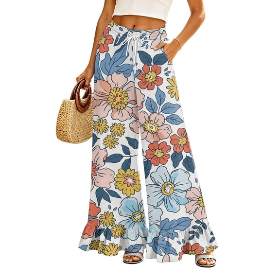 Sewkxo Womens Wide Leg Pants Drawstring Elastic High Waisted Ruffle Hem Palazzo Pants with Pockets,Dark Blue L