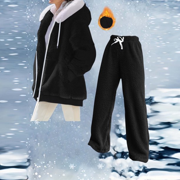 HongQid Womens 2 Piece Sweatsuit Set Sherpa Winter Coats Fleece Zip Up Jackets Warm Plush Hooded Plus Size Winter Coats Oversized Fuzzy Jackets with Pants