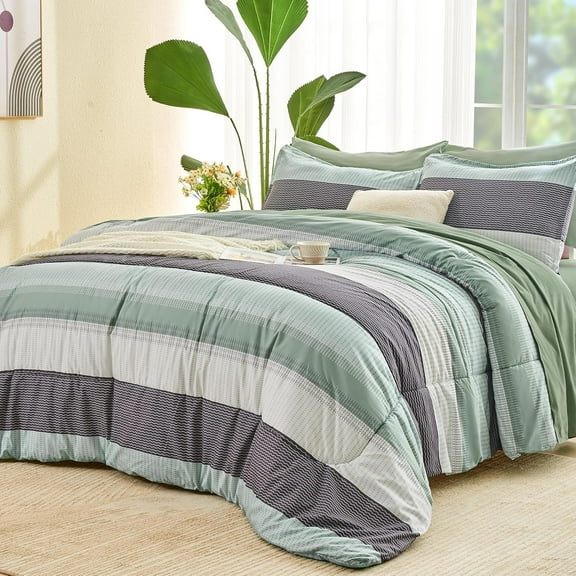 Queen Comforter Set Sage Green - 7 Pieces Green Striped Bed in a Bag, Soft Microfiber All Season Patchwork Bedding Set with Comforter, Fitted & Flat Sheet, Pillowcases & Shams