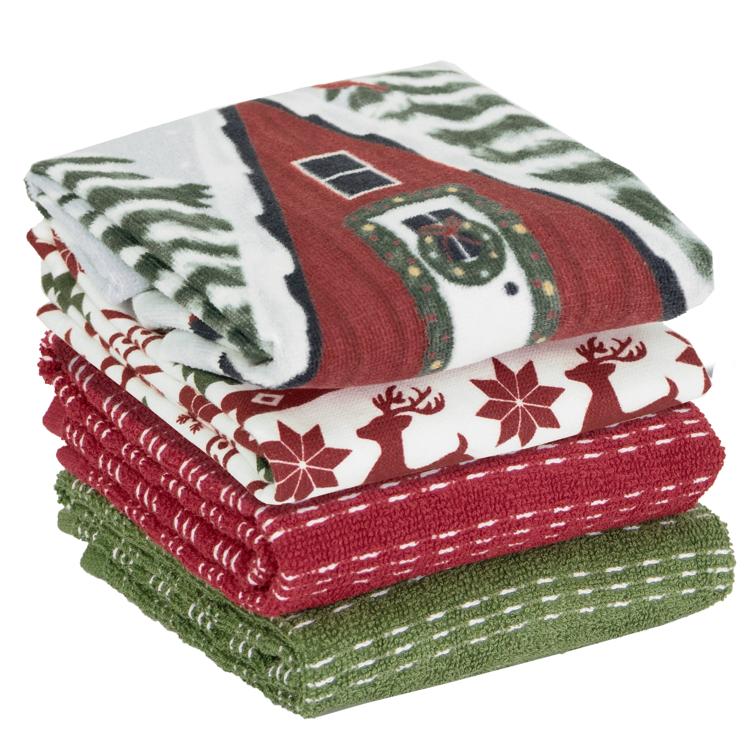 RITZ 100% Cotton Holiday Kitchen Towels, Set of 4, Chalet Reindeer Dish Towels Set, Festive Red Green