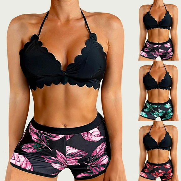 Elainilye Fashion Womens Swimsuits Two Piece Swimsuit Leaf Print Split Swimsuit Sexy Suspender Flat Angle Split Swimsuit Set,Green