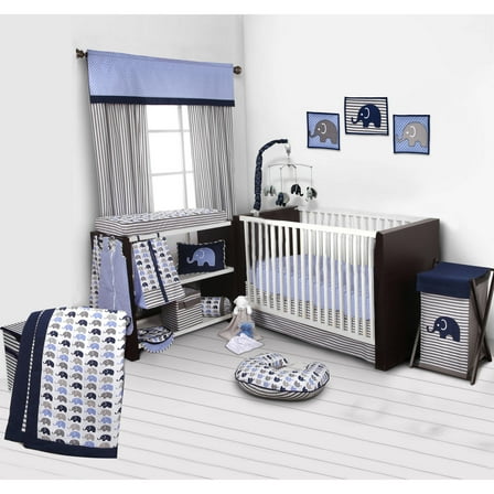 Bacati Elephants 10 Piece Crib Bedding Set, Blue/Gray