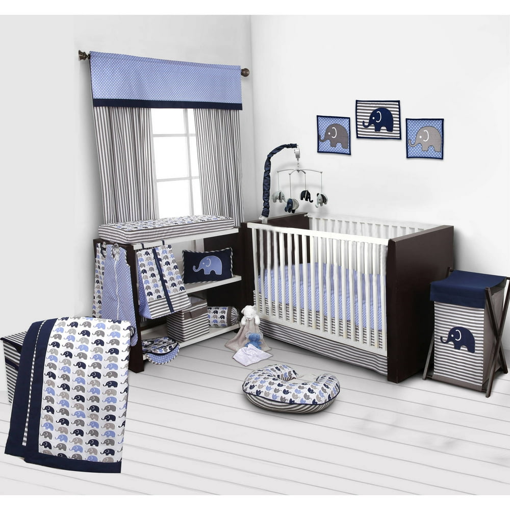 Bacati Elephants 10 Piece Crib Bedding Set, Blue/Gray