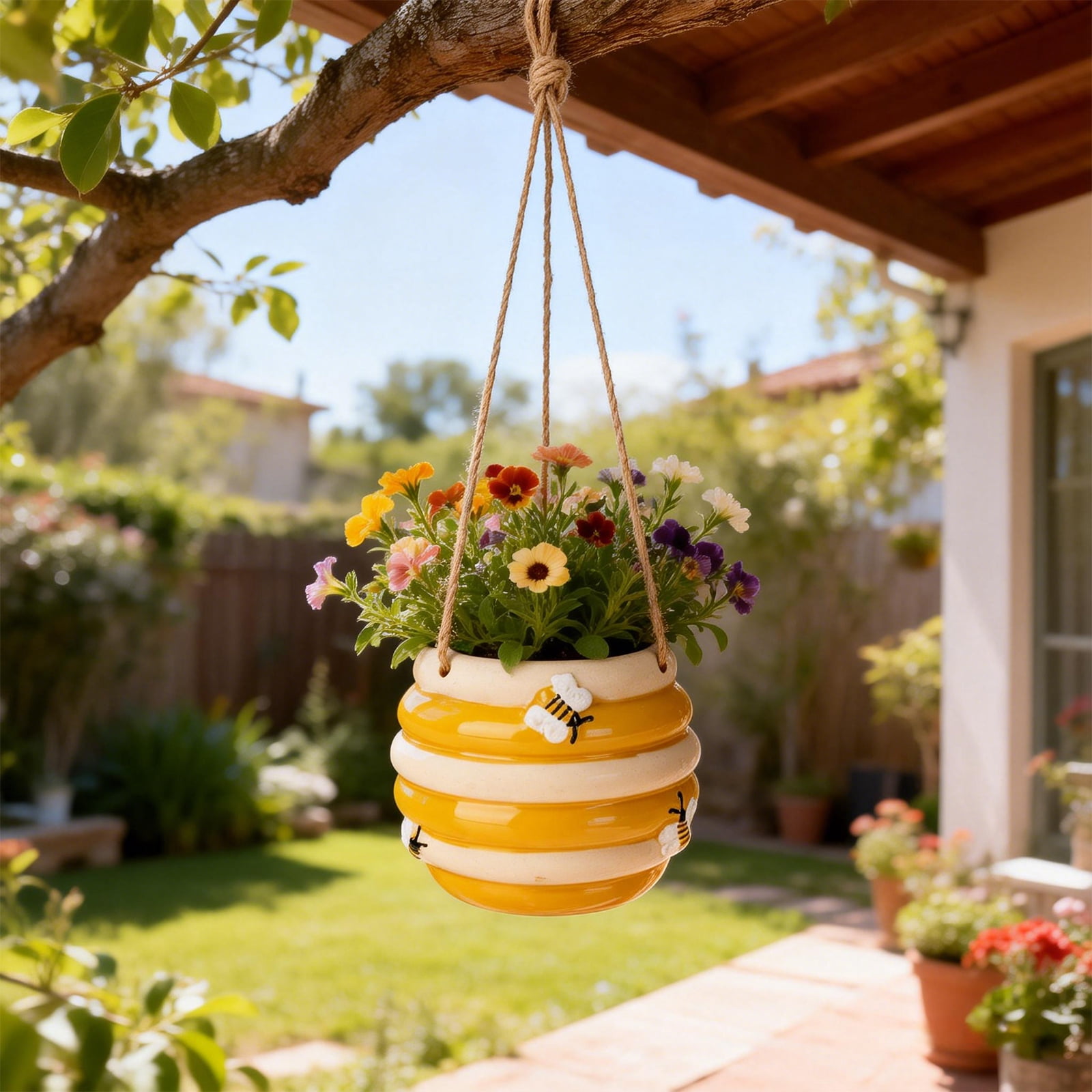Ceramic Bee Hive Hanging Planter – Yellow & White Striped Flower Pot with Jute Rope Hanger, Bee Decor for Indoor/Outdoor Plants, Succulents & Flowers