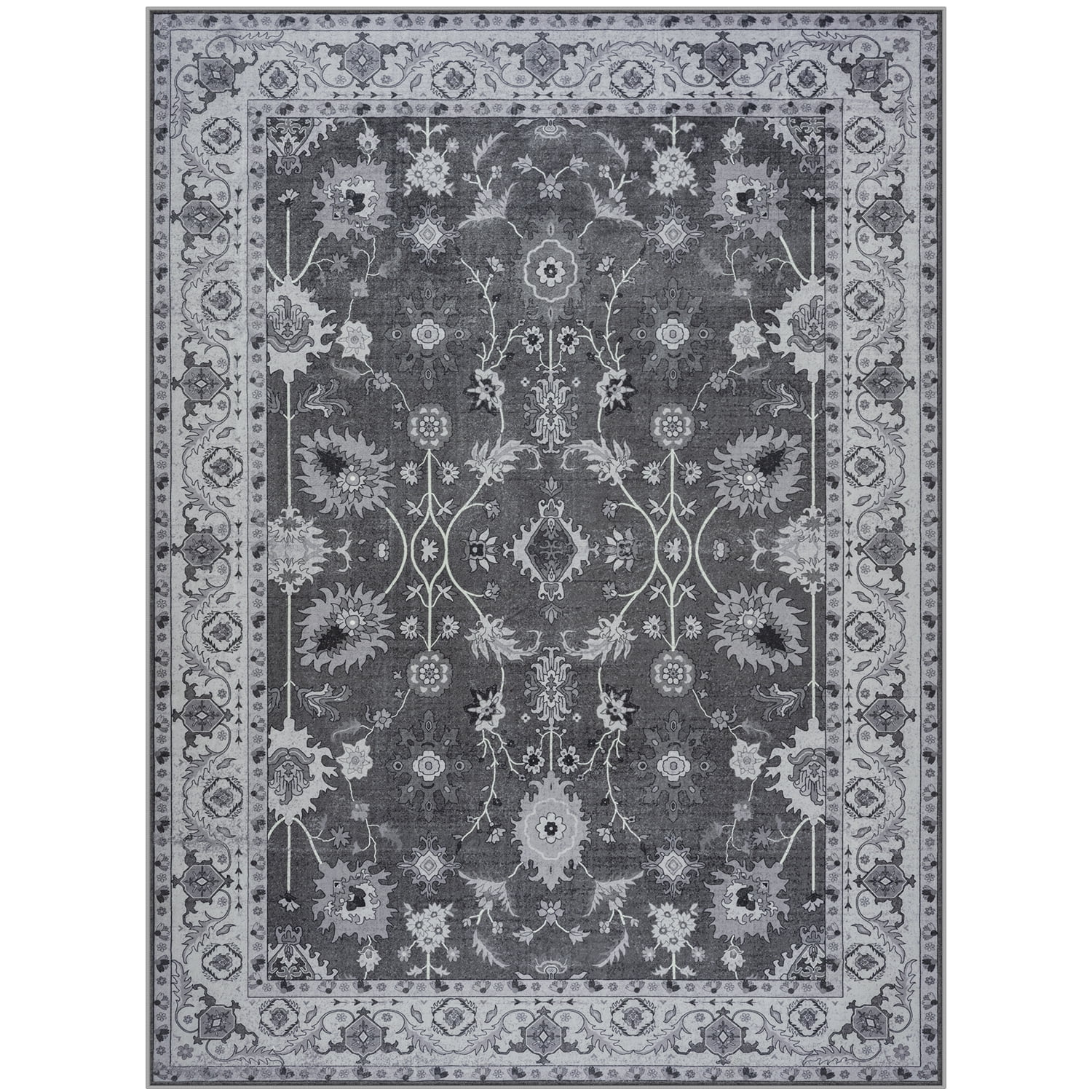 Wondo 6x9 Vintage Bohe Washable Black Area Rug for Living Room, Bedroom, Dining Room, Office, Nursery Anti-slip Easy Care Carpet, Ultra-thin Stain Resistant Indoor Low Pile Carpet