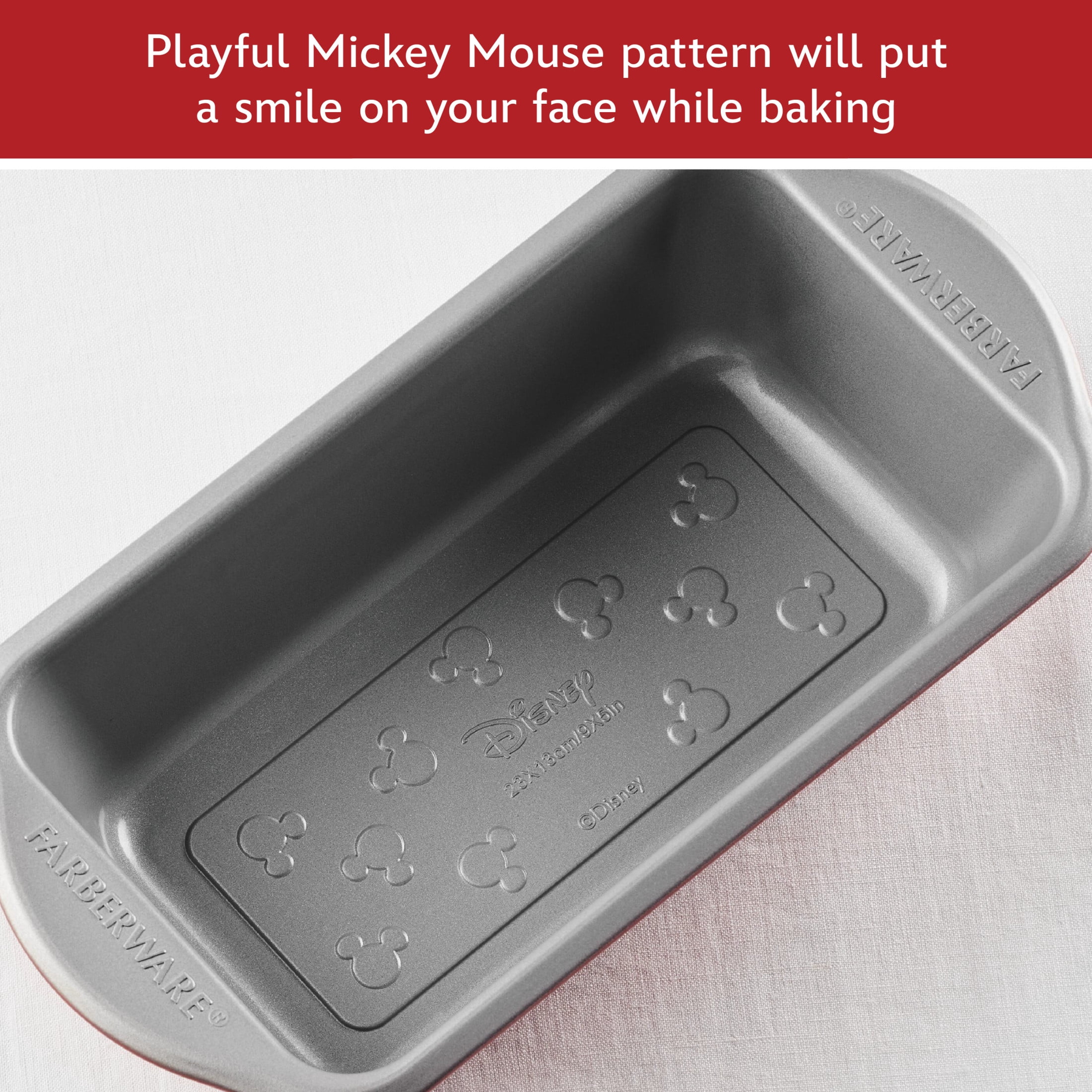 Farberware Disney Bake with Mickey Mouse 9x5 Inch Nonstick Loaf Pan, Dishwasher Safe and Oven Safe to 450°F, Red