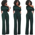 thumbnail image 2 of Mono sexy informal de un solo hombro para mujer, color liso, manga corta, pierna ancha, pantalones largos, cuello oblicuo y cinturón, talla M (verde oliva), 2 of 4