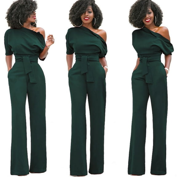 WHAMVOX Green Wide Leg Jumpsuit for Women Made of Cotton with Belt and Off Shoulder Design Casual and Elegant Fits Various Occasions Size