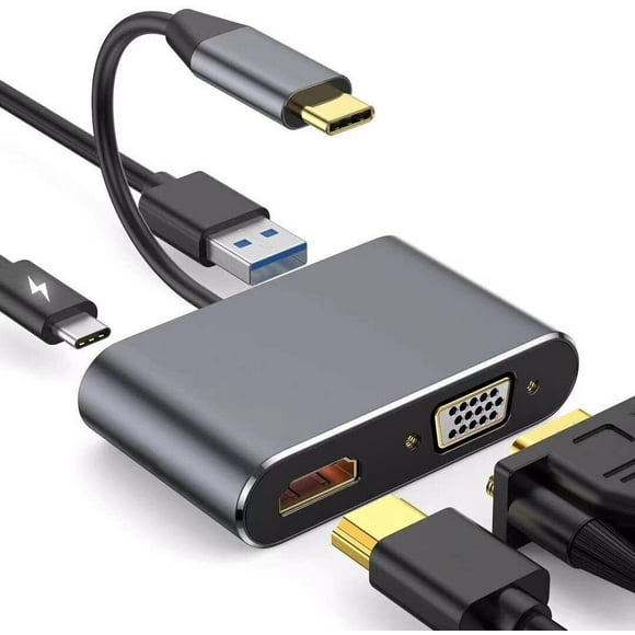 USB C to HDMI VGA Adapter - 4 in 1 Type C Hub Adapter with HDMI 4K, VGA, USB 3.0, USB C Charging Port Compatible with Apple MacBook Pro, Air, iPad Pro/Samsung Galaxy/Nintendo Switch and More