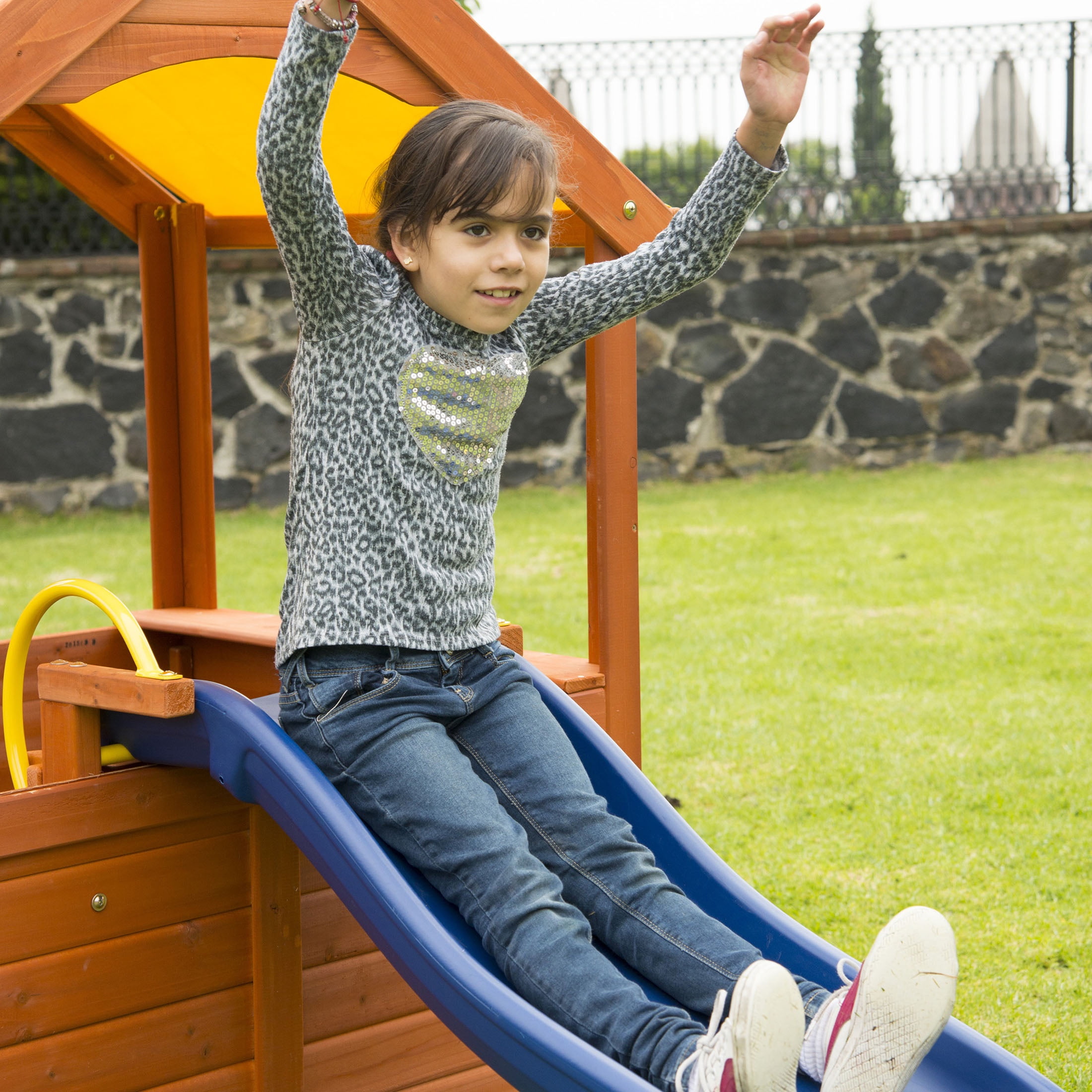 Sportspower Encinitas Wooden Playhouse with 4' Slide, Yellow Canopy & Table