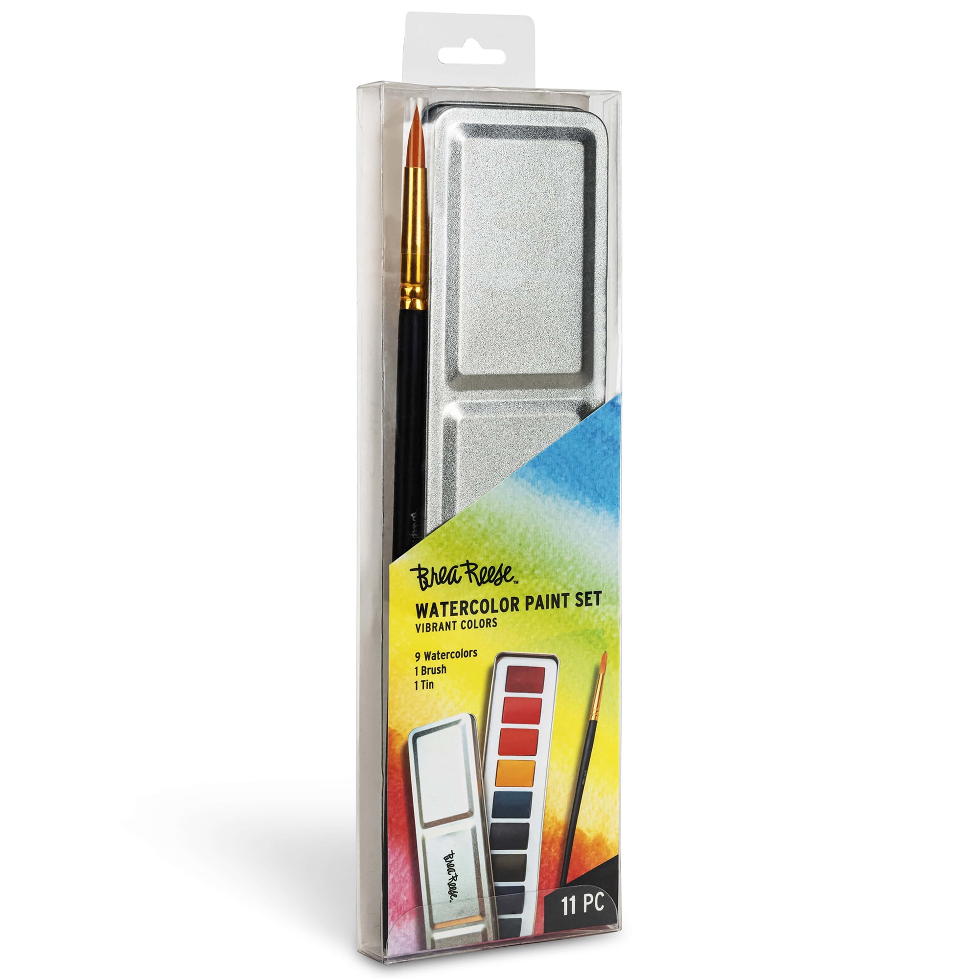 Brea Reese: Watercolor Paint Set - Vibrant - 9pc Vivid Colors, Gold Taklon Painting Brush & Compact Portable Tin, Blend-able, Adult Art Supplies