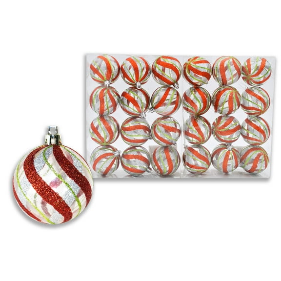 24 Pack of Clear Ball Ornaments with Green, Silver, and Red Glitter Designs